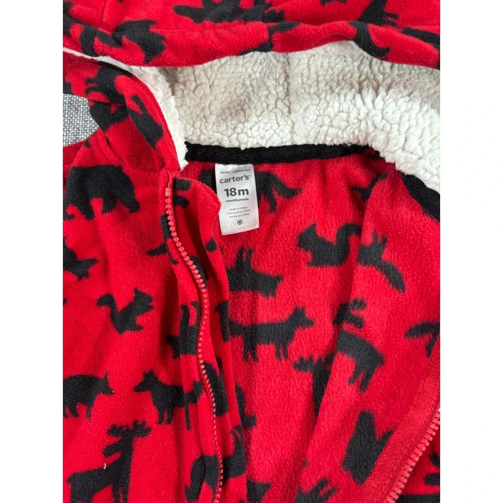 Carter's Kids Woodland Fleece Hooded Jumpsuit 18M Red Black Sherpa Bear Moose